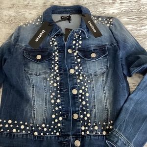 BEBE Embellished Pearl And Rhinestone Denim Jacket